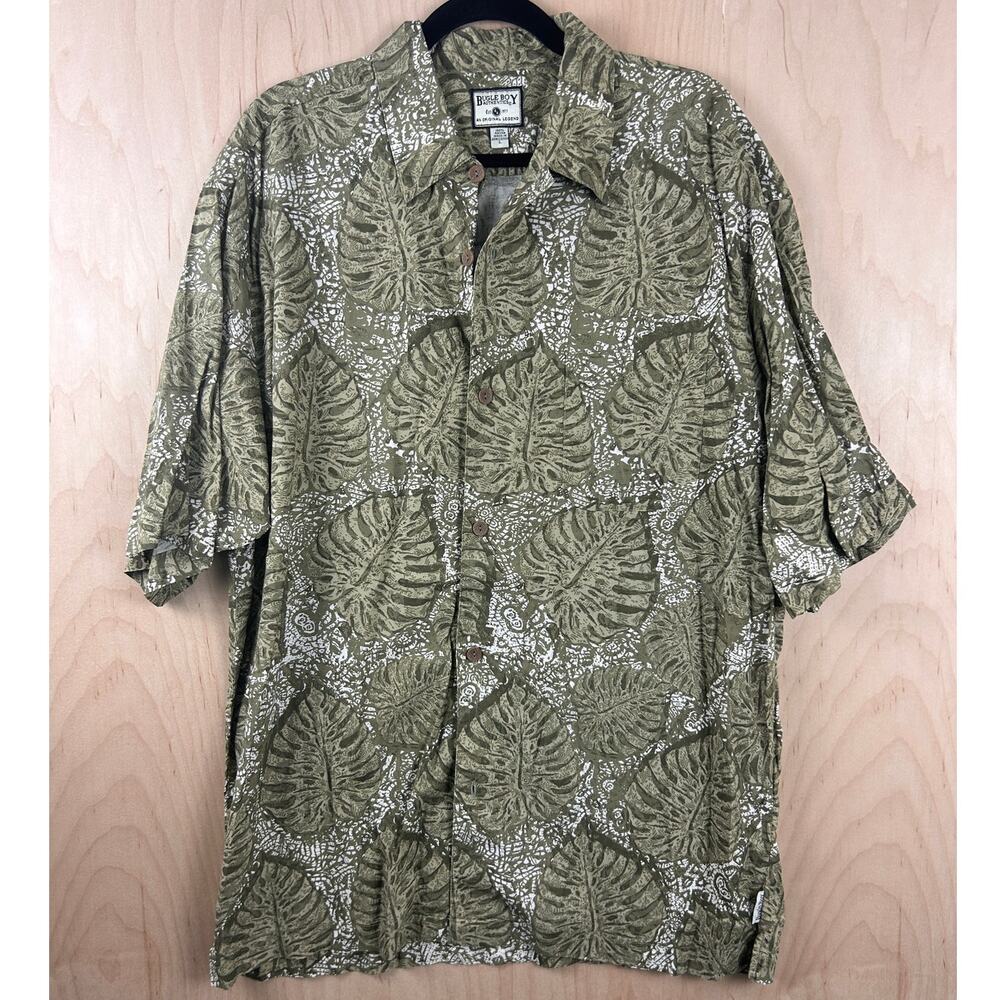 Bugle Boy Hawaiian Shirt Mens L Green Leaf Print Rayon Button Up Aloha